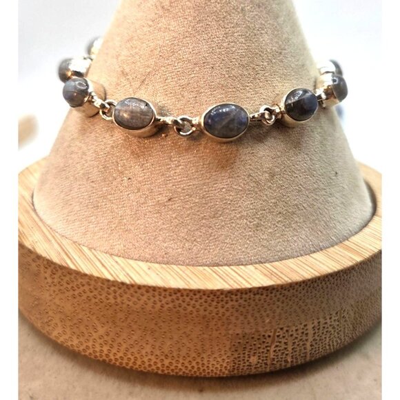 Handcrafted Sterling Silver Bracelet W/ Blue Gemstones Oval Links & Toggle Clasp - Picture 5 of 5